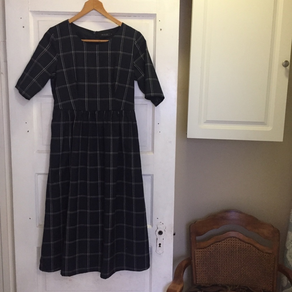 Navy Blue Windowpane Plaid Dress